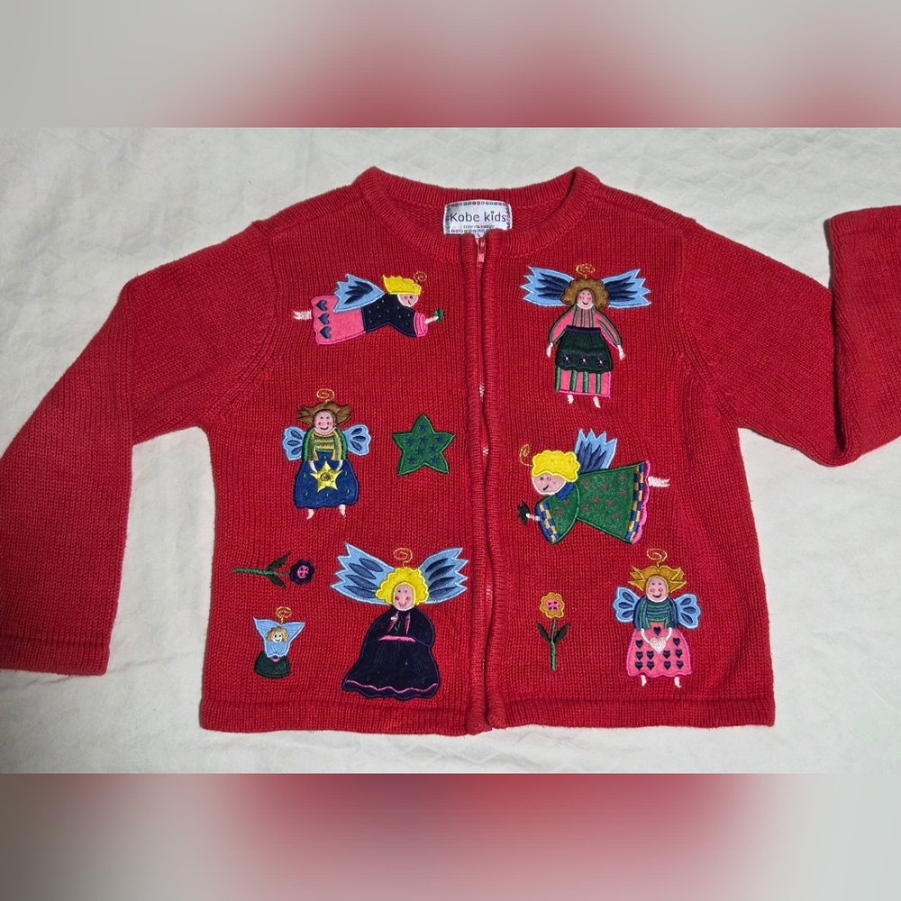 VTG Kobe Kids By‎ Crystal Kobe Red Angel Embroidered Knit Cardigan Girls Size 6x